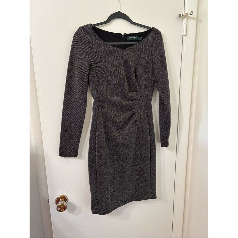 Lauren Ralph Lauren Sz 4 Women's Black/Gray Tweed Ruched Asymmetrical Midi/St.
